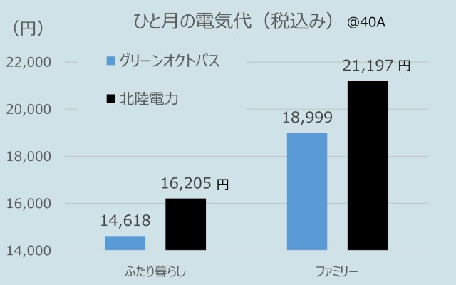 北陸電力とオクトパスエナジーの家族構成ごとの電気代