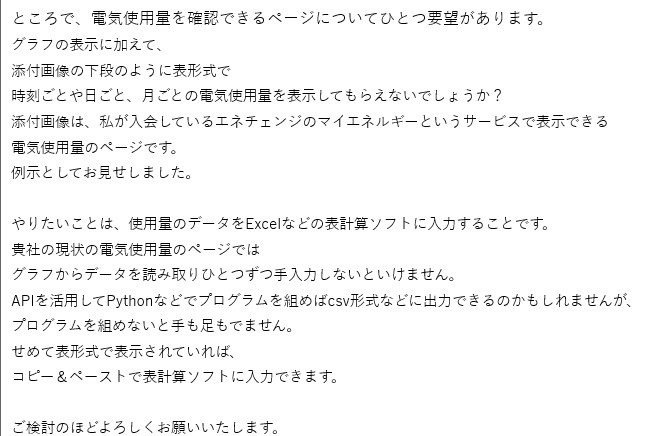 電気使用量の表示方法に関する私の要望を書いたメール