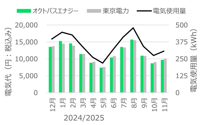 我が家の過去1年間(2024年12月から2025年11月)の各月の実際の電気使用量と、オクトパスエナジーや東京電力の場合の電気代
