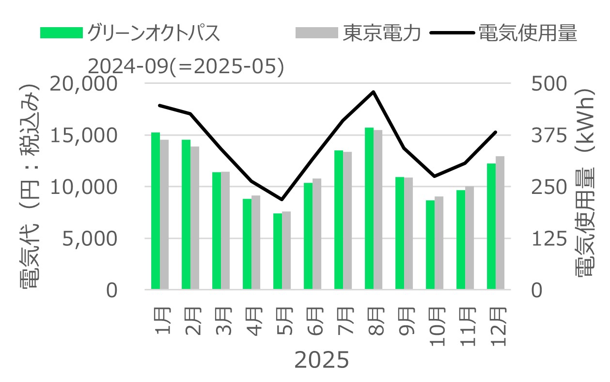 我が家の過去1年間（2025年1月から2025年12月）の各月の実際の電気使用量と、オクトパスエナジーや東京電力の場合の電気代
